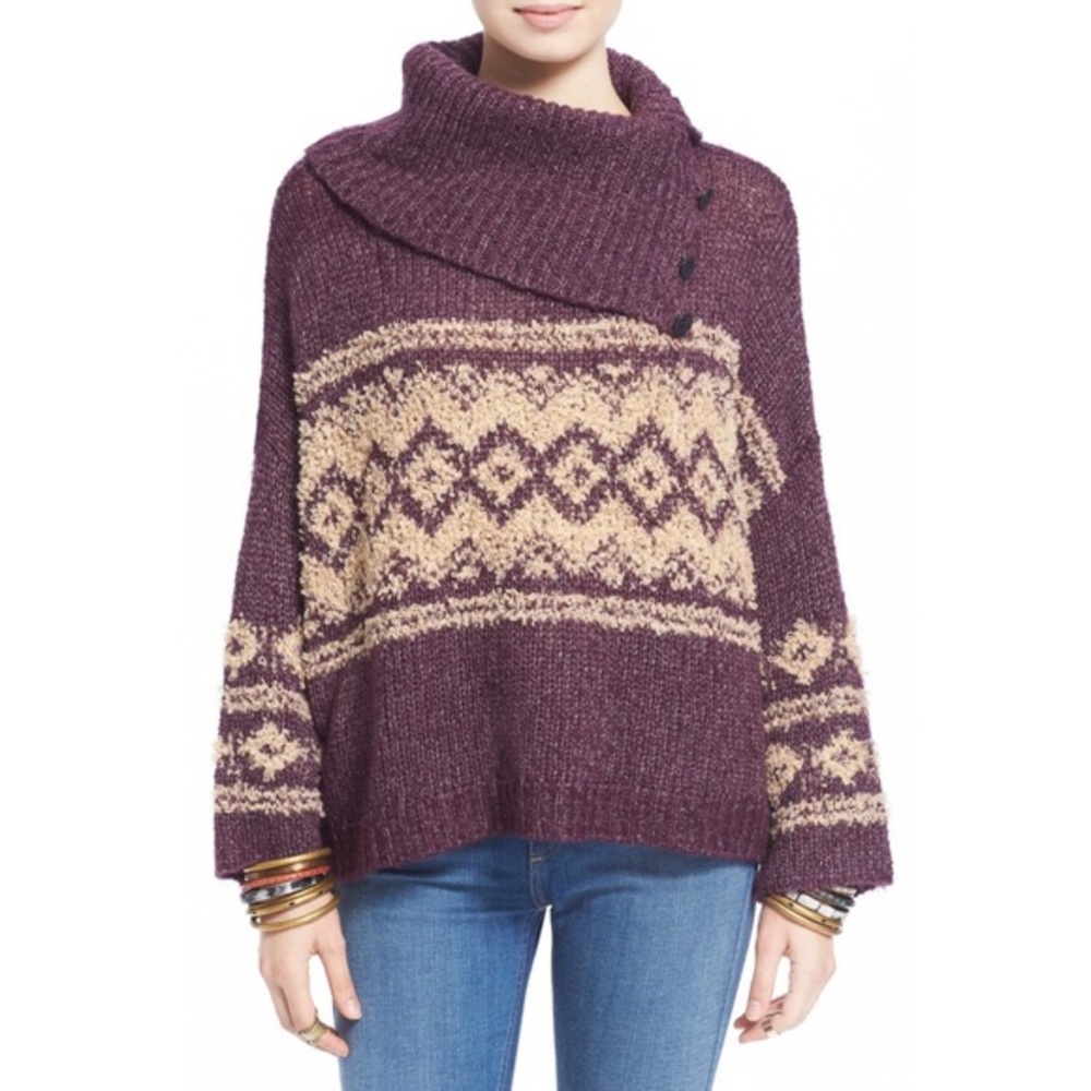 Free People Fair Isle Split Neck Cowl Sweater